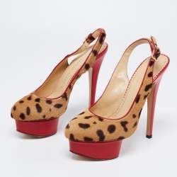 Charlotte Olympia Red/Brown Leopard Calf Hair And Leather Dolly Slingback Pumps Size 36.5