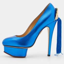 Charlotte Olympia Metallic Blue Leather Paloma Platform Pumps Size 36