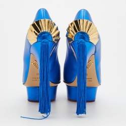 Charlotte Olympia Metallic Blue Leather Paloma Platform Pumps Size 36