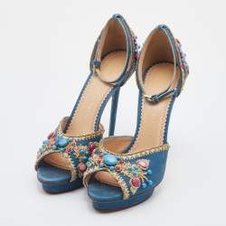 Pre Owned صندل شارلوت أوليمبيا كانفاس أزرق مزخرف أحجار بحزام للكاحل مقاس 40