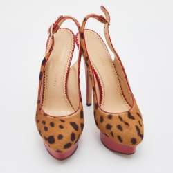 Charlotte Olympia Brown Leopard Pony Hair Dolly Slingback Platform Sandals Size 39