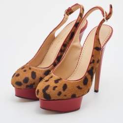 Charlotte Olympia Brown Leopard Pony Hair Dolly Slingback Platform Sandals Size 39