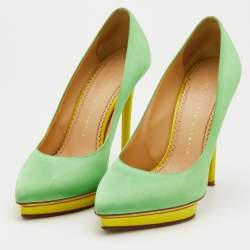 Pre Owned Charlotte Olympia Green Satin Debonaire Pointed Toe Platform Pumps Size 39