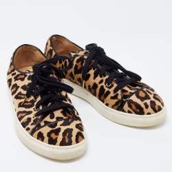 Pre Owned Charlotte Olympia Beige/Brown Leopard Print Calf Hair Purrfect Low Top Sneakers Size 37.5 
