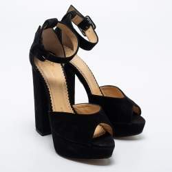 Pre Owned Charlotte Olympia Black Suede Peep-Toe Platform Ankle Strap Sandals Size 35