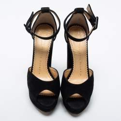 Pre Owned Charlotte Olympia Black Suede Peep-Toe Platform Ankle Strap Sandals Size 35