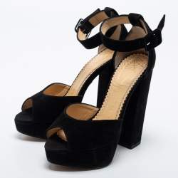 Pre Owned Charlotte Olympia Black Suede Peep-Toe Platform Ankle Strap Sandals Size 35