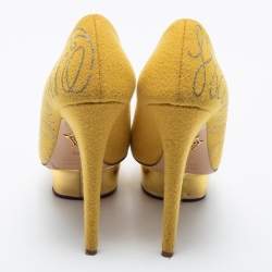 Charlotte Olympia Mustard Yellow Cotton Embroidered Felt Dolly Platform Pumps Size 36