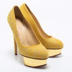 Charlotte Olympia Mustard Yellow Cotton Embroidered Felt Dolly Platform Pumps Size 36
