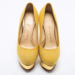 Charlotte Olympia Mustard Yellow Cotton Embroidered Felt Dolly Platform Pumps Size 36