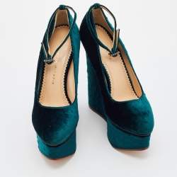 Charlotte Olympia Teal Green Ostrich Effect Velvet Wedge Platform Ankle Strap Pumps Size 37.5