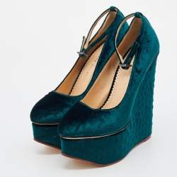 Charlotte Olympia Teal Green Ostrich Effect Velvet Wedge Platform Ankle Strap Pumps Size 37.5