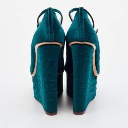 Charlotte Olympia Teal Green Ostrich Effect Velvet Wedge Platform Ankle Strap Pumps Size 37.5