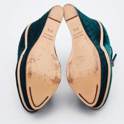 Charlotte Olympia Teal Green Ostrich Effect Velvet Wedge Platform Ankle Strap Pumps Size 37.5