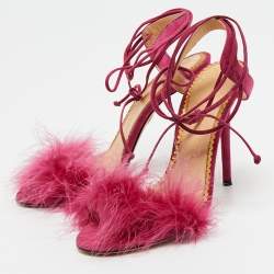 Charlotte Olympia Pink Suede and Fur Ankle Wrap Sandals Size 38