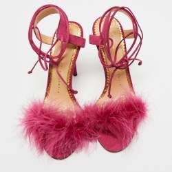 Charlotte Olympia Pink Suede and Fur Ankle Wrap Sandals Size 38