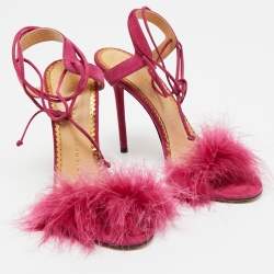 Charlotte Olympia Pink Suede and Fur Ankle Wrap Sandals Size 38
