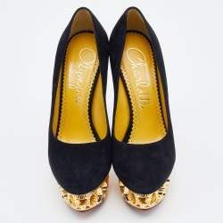 Pre Owned Charlotte Olympia Black Suede Gold Sculptured Heel Objets D'Art Platform Pumps Size 36