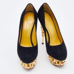 Pre Owned Charlotte Olympia Black Suede Gold Sculptured Heel Objets D'Art Platform Pumps Size 36