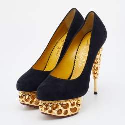 Pre Owned Charlotte Olympia Black Suede Gold Sculptured Heel Objets D'Art Platform Pumps Size 36
