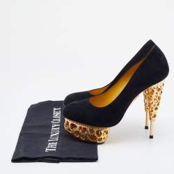 Pre Owned Charlotte Olympia Black Suede Gold Sculptured Heel Objets D'Art Platform Pumps Size 36