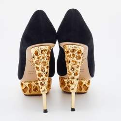 Pre Owned Charlotte Olympia Black Suede Gold Sculptured Heel Objets D'Art Platform Pumps Size 36