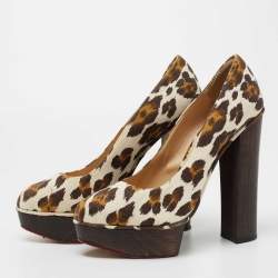 Charlotte Olympia Brown Canvas Leopard Print Platform Pumps Size 40 