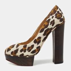 Charlotte Olympia Brown Canvas Leopard Print Platform Pumps Size 40 