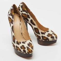 Charlotte Olympia Brown Canvas Leopard Print Platform Pumps Size 40 