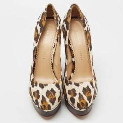 Charlotte Olympia Brown Canvas Leopard Print Platform Pumps Size 40 