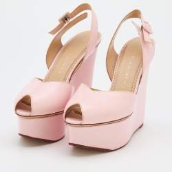 Pre Owned Charlotte Olympia Pink Leather Wedge Platform Slingback Sandals Size 40