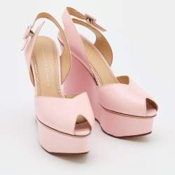 Pre Owned Charlotte Olympia Pink Leather Wedge Platform Slingback Sandals Size 40