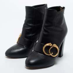 Pre Owned Charlotte Olympia Black Leather Ankle Length Boots Size 38