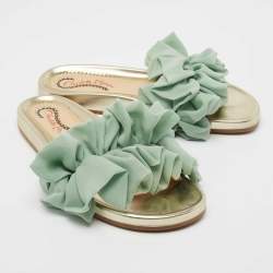 Pre Owned Charlotte Olympia Green Suede and Fabric Knotted Bow Slides Size 40