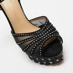 Charlotte Olympia Black Suede and Mesh Cactus Crystal Studded Ankle Strap Platform Sandals Size 40