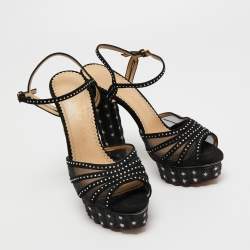 Charlotte Olympia Black Suede and Mesh Cactus Crystal Studded Ankle Strap Platform Sandals Size 40