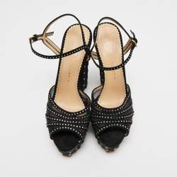 Charlotte Olympia Black Suede and Mesh Cactus Crystal Studded Ankle Strap Platform Sandals Size 40