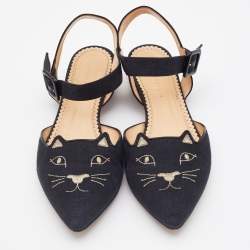 Pre Owned Charlotte Olympia Black Canvas Pointed Toe Ankle Strap Flats Size 38.5