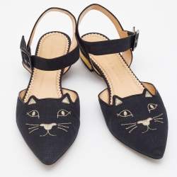Pre Owned Charlotte Olympia Black Canvas Pointed Toe Ankle Strap Flats Size 38.5
