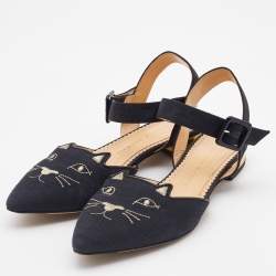Pre Owned Charlotte Olympia Black Canvas Pointed Toe Ankle Strap Flats Size 38.5