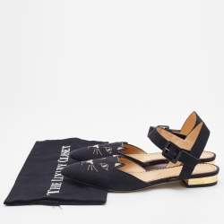 Pre Owned Charlotte Olympia Black Canvas Pointed Toe Ankle Strap Flats Size 38.5