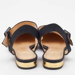 Pre Owned Charlotte Olympia Black Canvas Pointed Toe Ankle Strap Flats Size 38.5