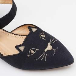 Pre Owned Charlotte Olympia Black Canvas Pointed Toe Ankle Strap Flats Size 38.5
