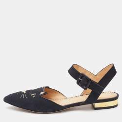 Pre Owned Charlotte Olympia Black Canvas Pointed Toe Ankle Strap Flats Size 38.5