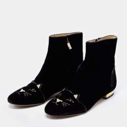 Pre Owned Charlotte Olympia Black Velvet Cat Embroidered Ankle Boots Size 38