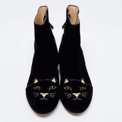 Pre Owned Charlotte Olympia Black Velvet Cat Embroidered Ankle Boots Size 38