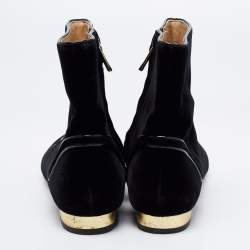 Pre Owned Charlotte Olympia Black Velvet Cat Embroidered Ankle Boots Size 38