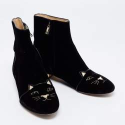 Pre Owned Charlotte Olympia Black Velvet Cat Embroidered Ankle Boots Size 38