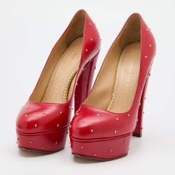 Charlotte Olympia Red Leather Studded Block Heel Platform Pumps Size 37