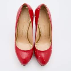 Charlotte Olympia Red Leather Studded Block Heel Platform Pumps Size 37